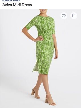 London Times Green Printed Midi Dress with Accessorized Waist